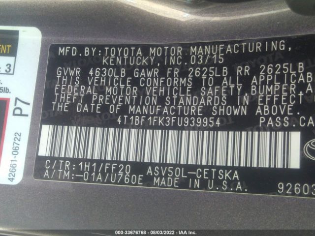 Photo 8 VIN: 4T1BF1FK3FU939954 - TOYOTA CAMRY 