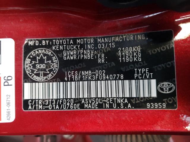 Photo 9 VIN: 4T1BF1FK3FU940778 - TOYOTA CAMRY LE 