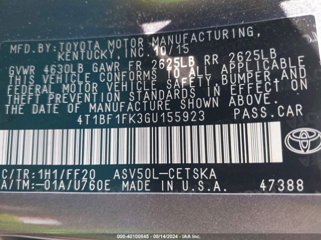 Photo 8 VIN: 4T1BF1FK3GU155923 - TOYOTA CAMRY 