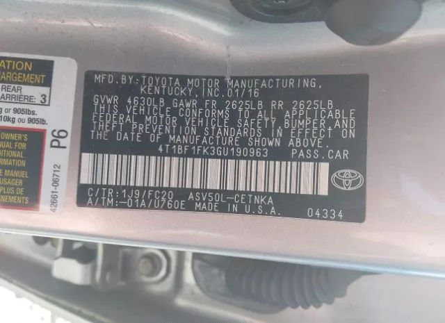 Photo 8 VIN: 4T1BF1FK3GU190963 - TOYOTA CAMRY 