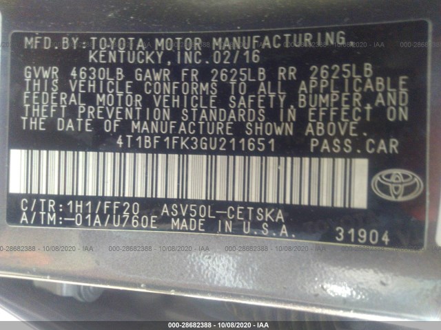 Photo 8 VIN: 4T1BF1FK3GU211651 - TOYOTA CAMRY 