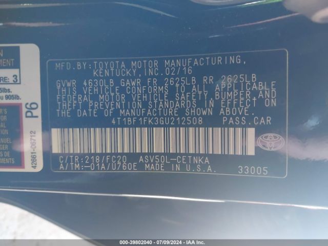 Photo 8 VIN: 4T1BF1FK3GU212508 - TOYOTA CAMRY 