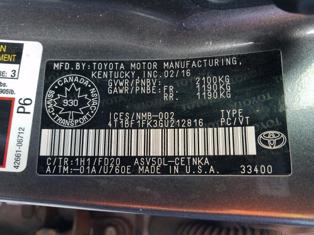 Photo 9 VIN: 4T1BF1FK3GU212816 - TOYOTA CAMRY LE 