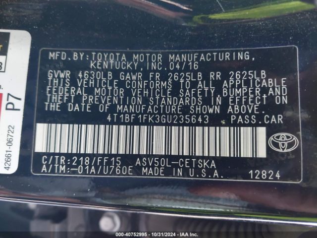 Photo 8 VIN: 4T1BF1FK3GU235643 - TOYOTA CAMRY 