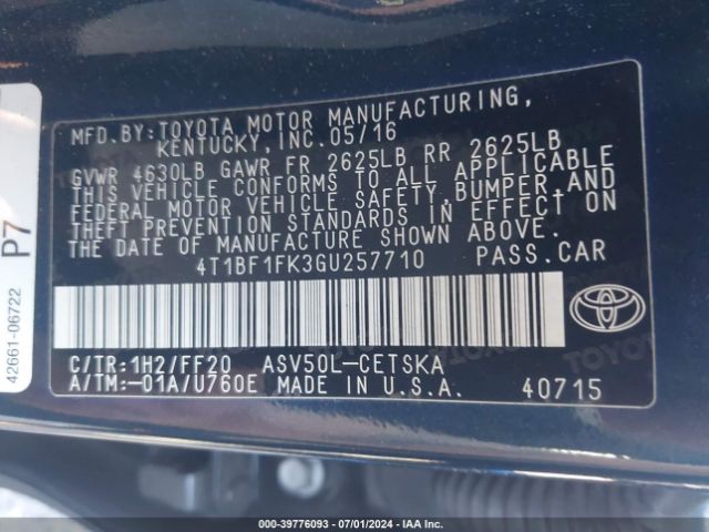 Photo 8 VIN: 4T1BF1FK3GU257710 - TOYOTA CAMRY 