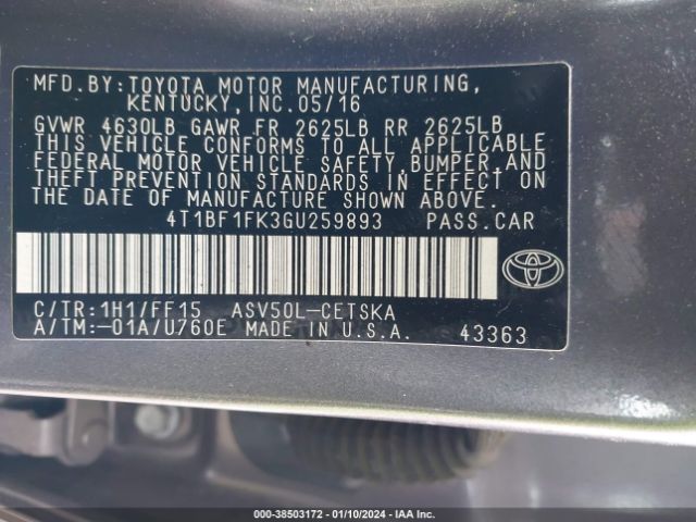 Photo 8 VIN: 4T1BF1FK3GU259893 - TOYOTA CAMRY 