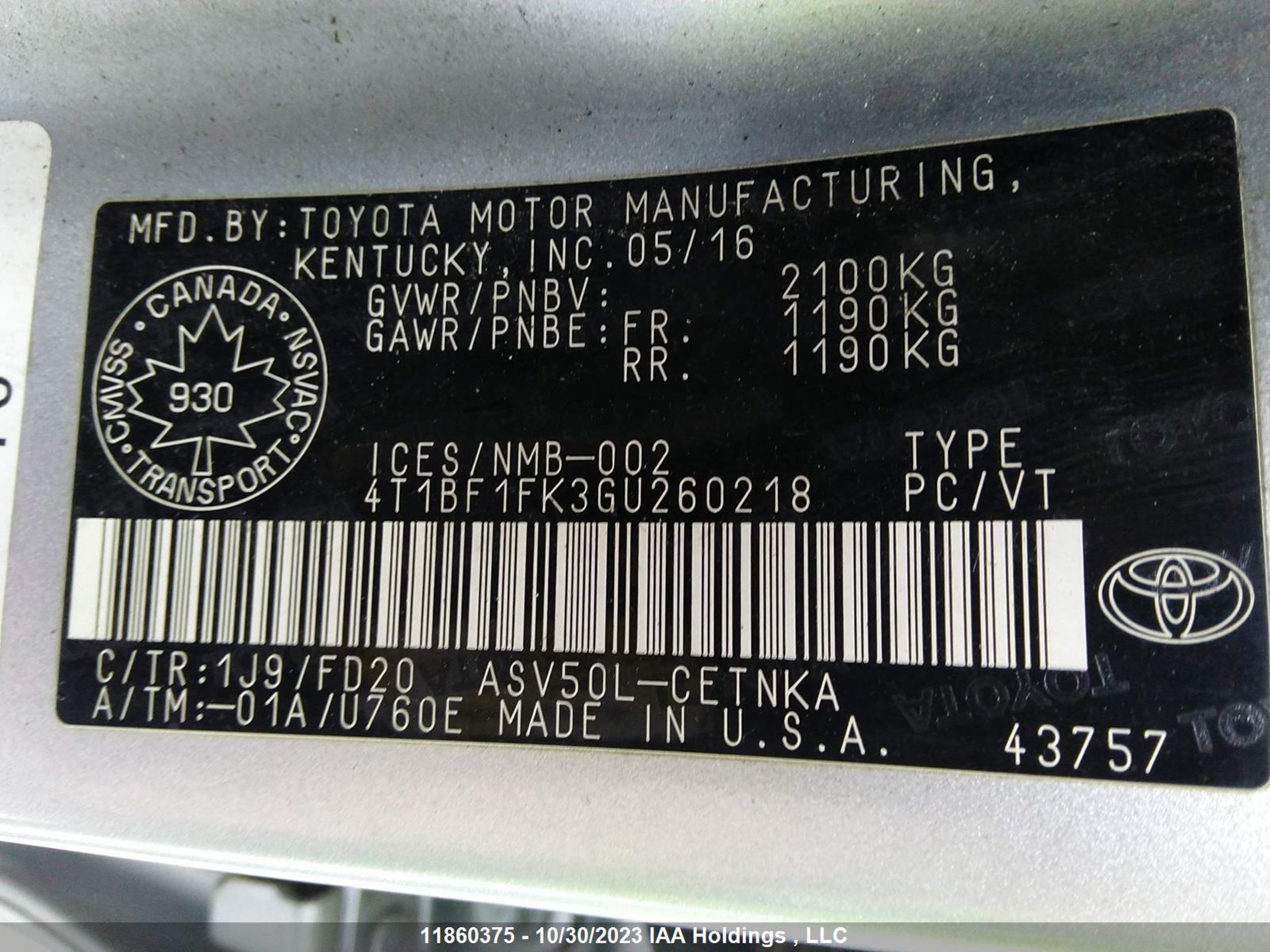 Photo 8 VIN: 4T1BF1FK3GU260218 - TOYOTA CAMRY 