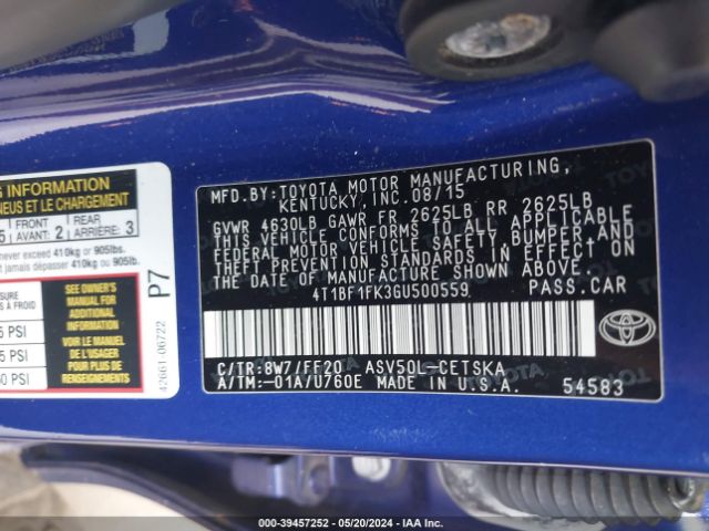 Photo 8 VIN: 4T1BF1FK3GU500559 - TOYOTA CAMRY 