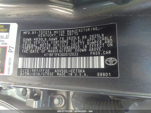 Photo 8 VIN: 4T1BF1FK3GU512033 - TOYOTA CAMRY 