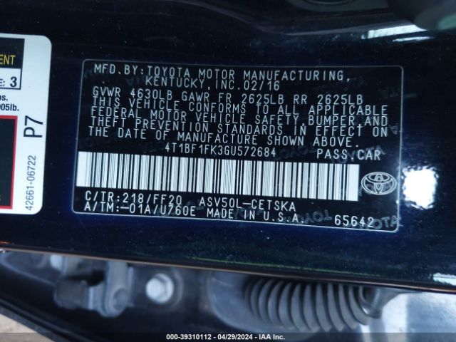 Photo 8 VIN: 4T1BF1FK3GU572684 - TOYOTA CAMRY 