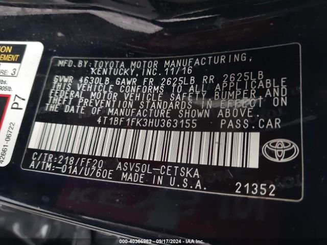 Photo 8 VIN: 4T1BF1FK3HU363155 - TOYOTA CAMRY 