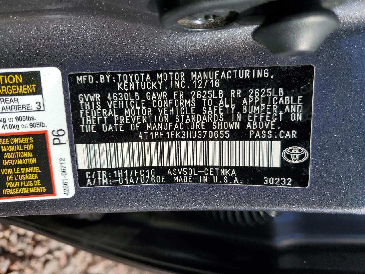 Photo 12 VIN: 4T1BF1FK3HU370655 - TOYOTA CAMRY 