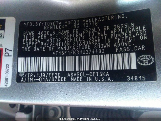 Photo 8 VIN: 4T1BF1FK3HU374480 - TOYOTA CAMRY 