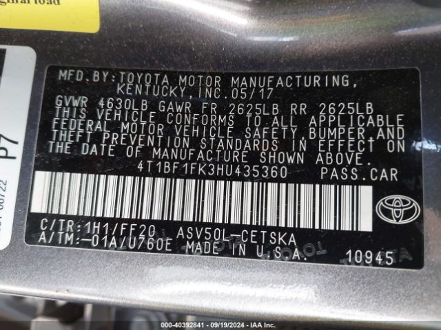 Photo 8 VIN: 4T1BF1FK3HU435360 - TOYOTA CAMRY 