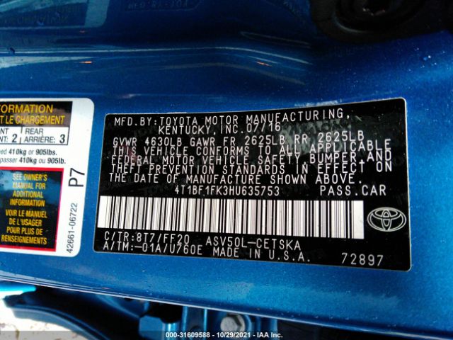 Photo 8 VIN: 4T1BF1FK3HU635753 - TOYOTA CAMRY 