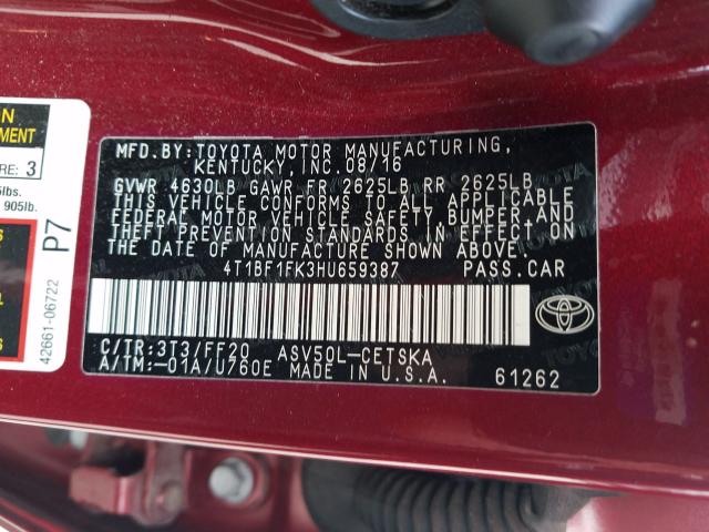 Photo 9 VIN: 4T1BF1FK3HU659387 - TOYOTA CAMRY LE 