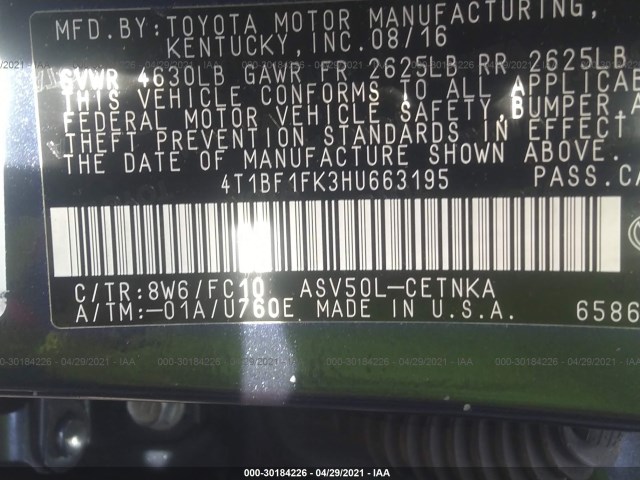 Photo 8 VIN: 4T1BF1FK3HU663195 - TOYOTA CAMRY 