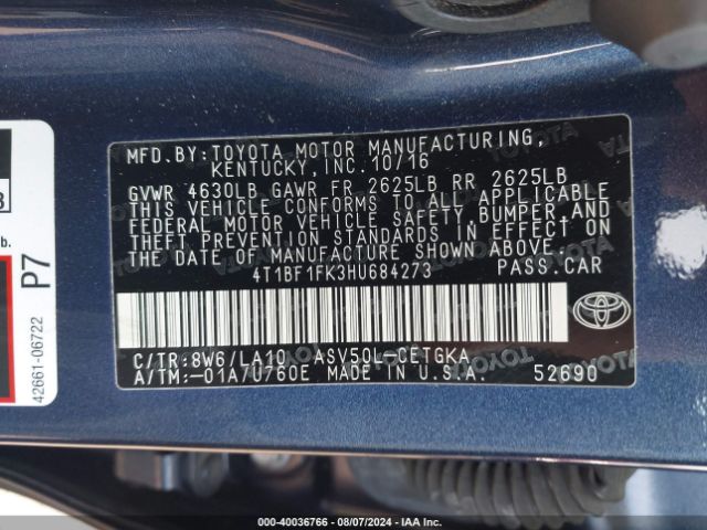 Photo 8 VIN: 4T1BF1FK3HU684273 - TOYOTA CAMRY 