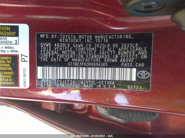 Photo 8 VIN: 4T1BF1FK3HU694365 - TOYOTA CAMRY 