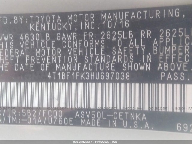 Photo 8 VIN: 4T1BF1FK3HU697038 - TOYOTA CAMRY 