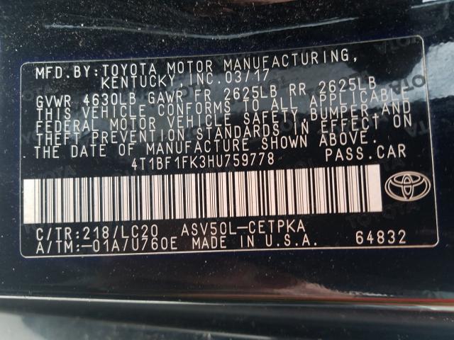 Photo 9 VIN: 4T1BF1FK3HU759778 - TOYOTA CAMRY LE 