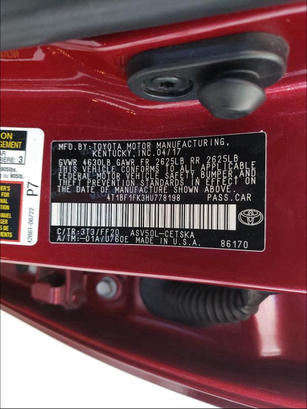 Photo 9 VIN: 4T1BF1FK3HU778198 - TOYOTA CAMRY LE 