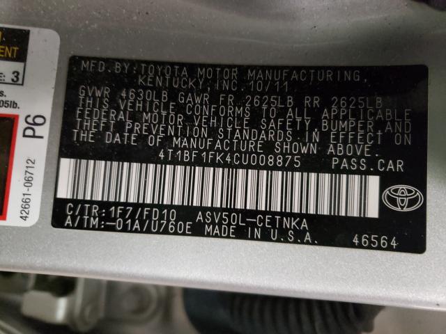 Photo 9 VIN: 4T1BF1FK4CU008875 - TOYOTA CAMRY BASE 