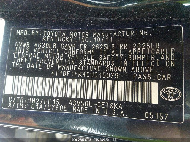 Photo 8 VIN: 4T1BF1FK4CU015079 - TOYOTA CAMRY 