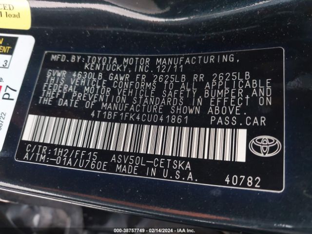 Photo 8 VIN: 4T1BF1FK4CU041861 - TOYOTA CAMRY 