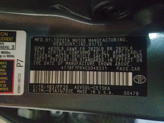 Photo 9 VIN: 4T1BF1FK4CU049331 - TOYOTA CAMRY BASE 