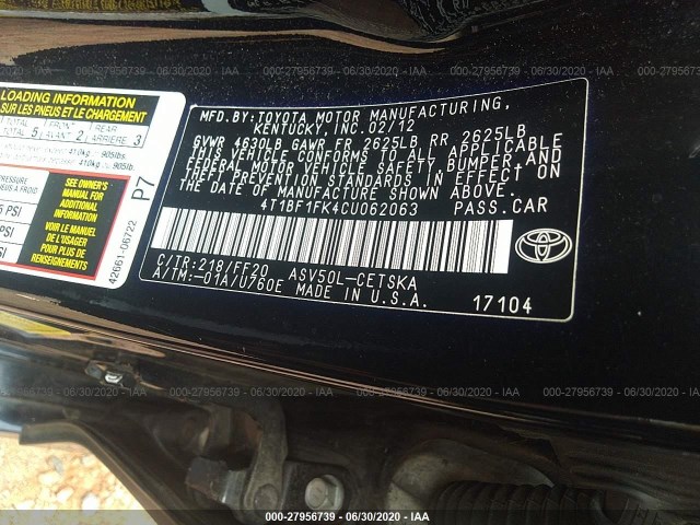 Photo 8 VIN: 4T1BF1FK4CU062063 - TOYOTA CAMRY 