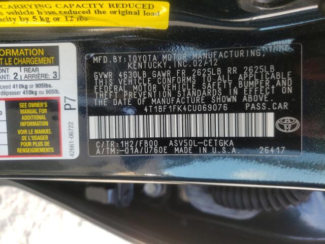 Photo 9 VIN: 4T1BF1FK4CU069076 - TOYOTA CAMRY BASE 