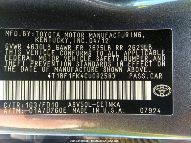 Photo 8 VIN: 4T1BF1FK4CU092583 - TOYOTA CAMRY 