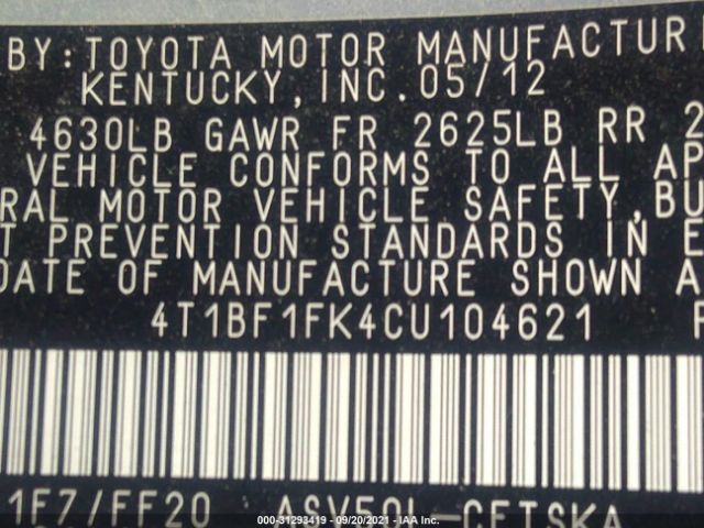 Photo 8 VIN: 4T1BF1FK4CU104621 - TOYOTA CAMRY 