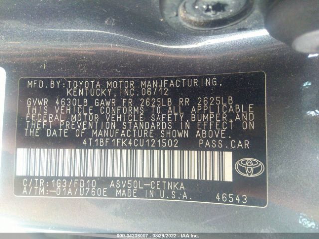 Photo 8 VIN: 4T1BF1FK4CU121502 - TOYOTA CAMRY 