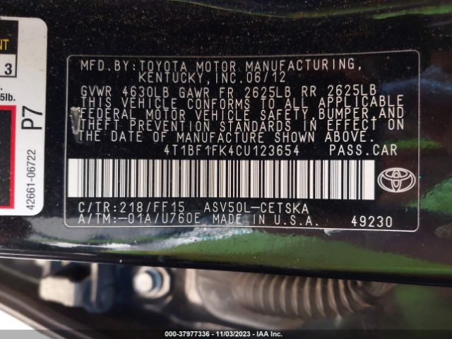 Photo 8 VIN: 4T1BF1FK4CU123654 - TOYOTA CAMRY 