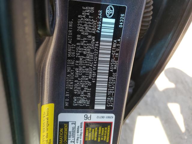 Photo 9 VIN: 4T1BF1FK4CU127784 - TOYOTA CAMRY BASE 