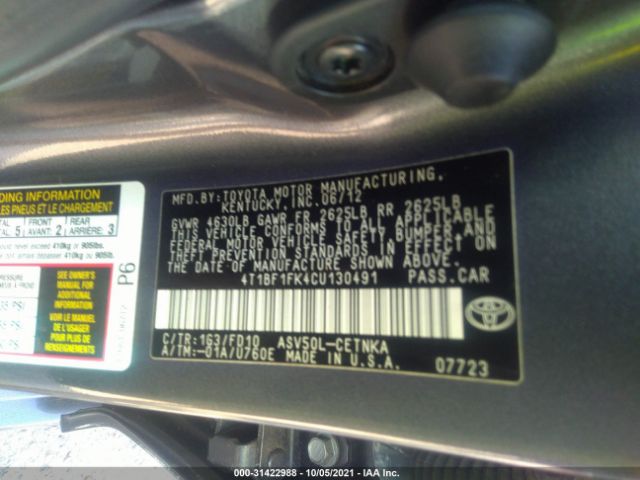 Photo 8 VIN: 4T1BF1FK4CU130491 - TOYOTA CAMRY 