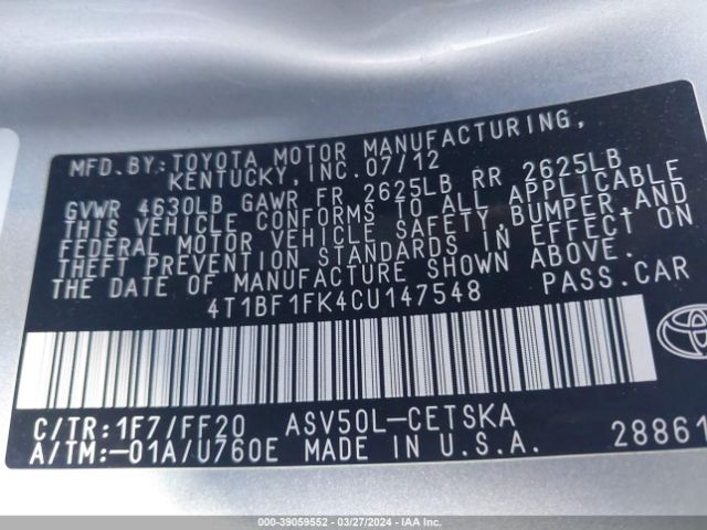 Photo 8 VIN: 4T1BF1FK4CU147584 - TOYOTA CAMRY 