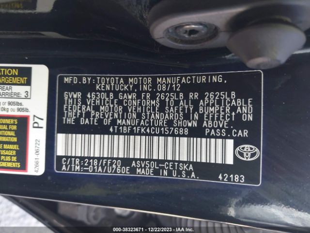 Photo 8 VIN: 4T1BF1FK4CU157688 - TOYOTA CAMRY 