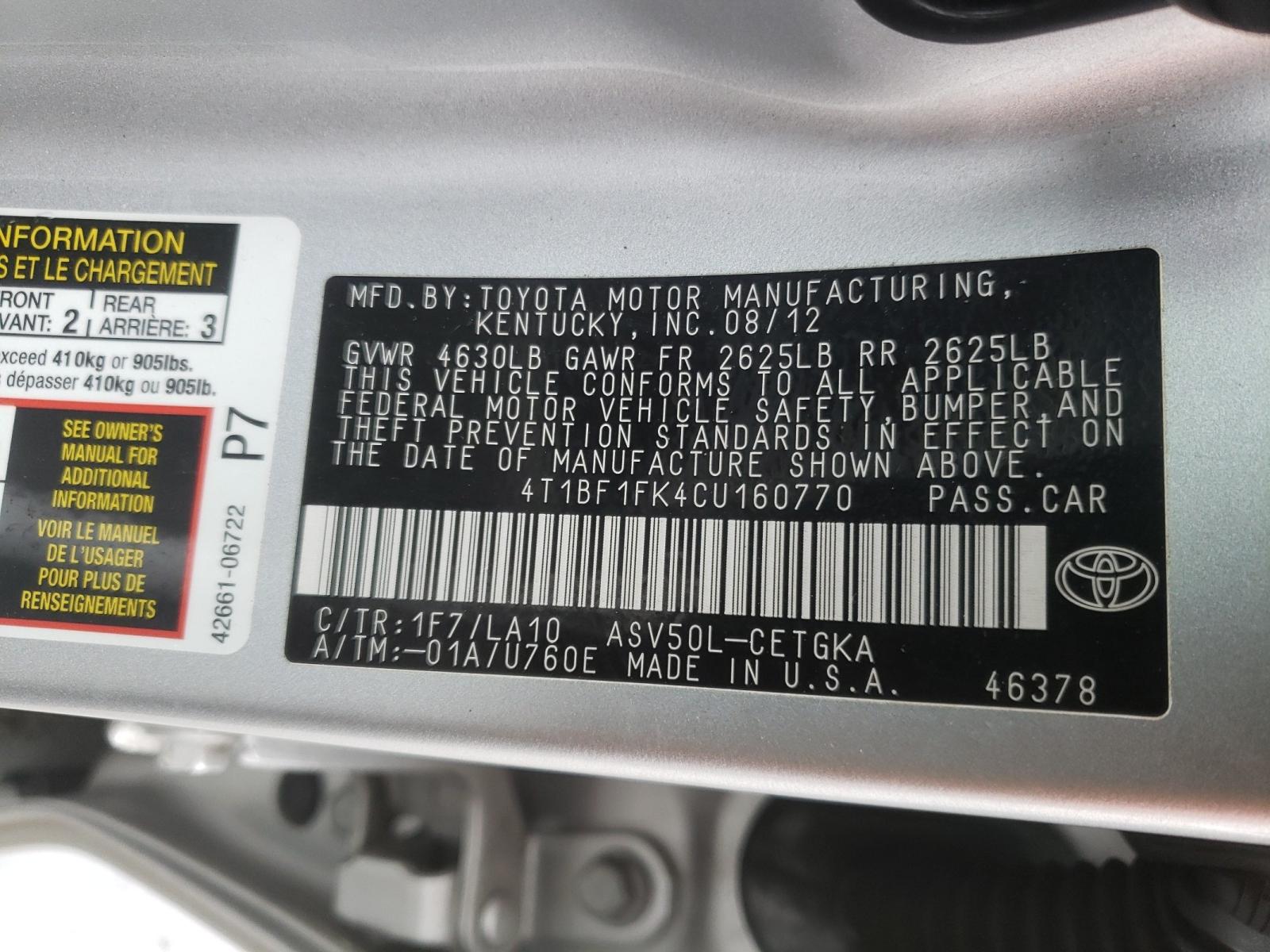 Photo 9 VIN: 4T1BF1FK4CU160770 - TOYOTA CAMRY BASE 