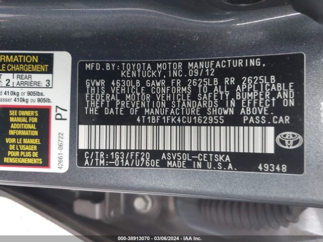 Photo 8 VIN: 4T1BF1FK4CU162955 - TOYOTA CAMRY 