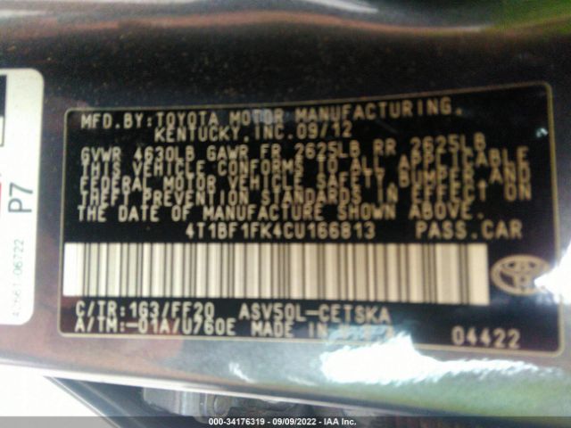 Photo 8 VIN: 4T1BF1FK4CU166813 - TOYOTA CAMRY 