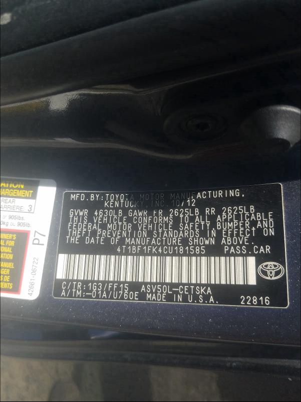 Photo 9 VIN: 4T1BF1FK4CU181585 - TOYOTA CAMRY BASE 