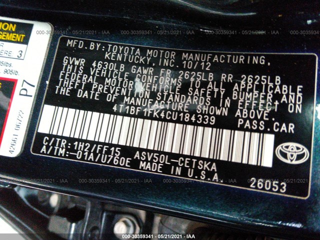 Photo 8 VIN: 4T1BF1FK4CU184339 - TOYOTA CAMRY 