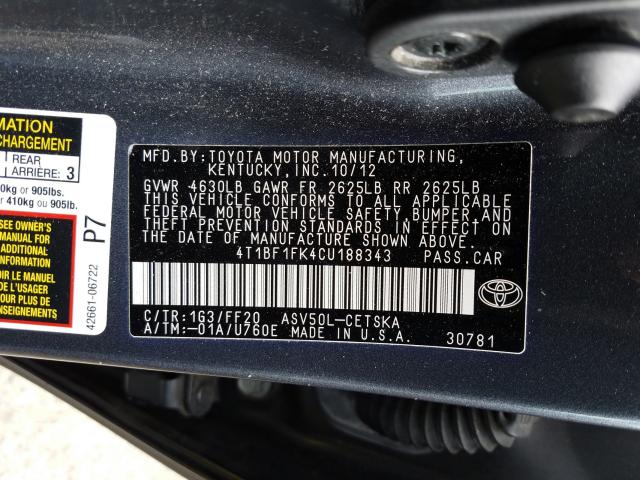 Photo 9 VIN: 4T1BF1FK4CU188343 - TOYOTA CAMRY BASE 