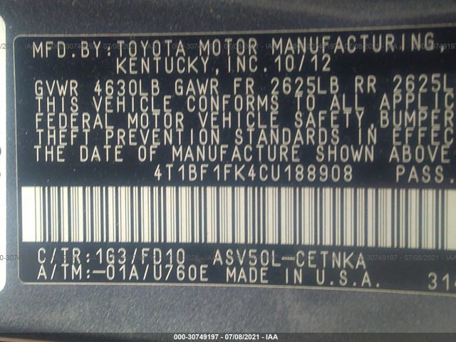 Photo 8 VIN: 4T1BF1FK4CU188908 - TOYOTA CAMRY 