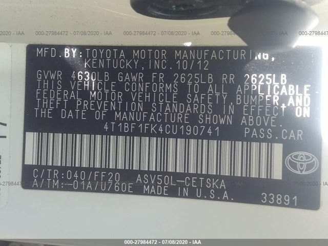 Photo 8 VIN: 4T1BF1FK4CU190741 - TOYOTA CAMRY 