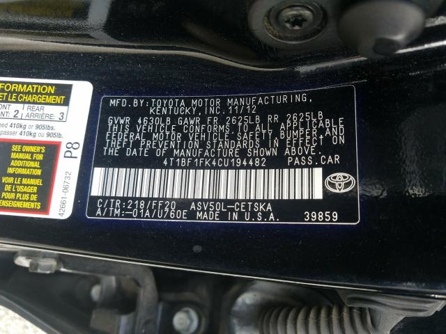 Photo 9 VIN: 4T1BF1FK4CU194482 - TOYOTA CAMRY BASE 