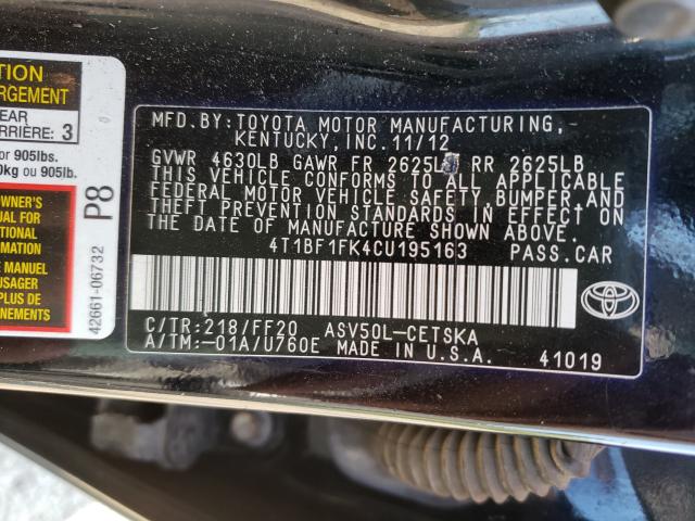 Photo 9 VIN: 4T1BF1FK4CU195163 - TOYOTA CAMRY BASE 